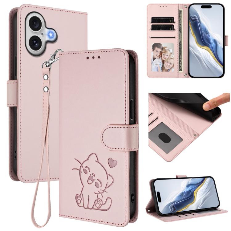Embossed Heart Cat Leather Phone Case with Hand Strap, For iPhone 17 Pro, For iPhone 17