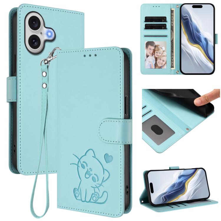 Embossed Heart Cat Leather Phone Case with Hand Strap, For iPhone 17 Pro, For iPhone 17