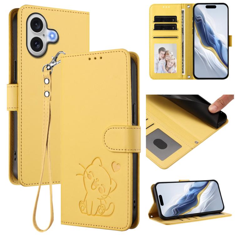 Embossed Heart Cat Leather Phone Case with Hand Strap, For iPhone 17 Pro, For iPhone 17