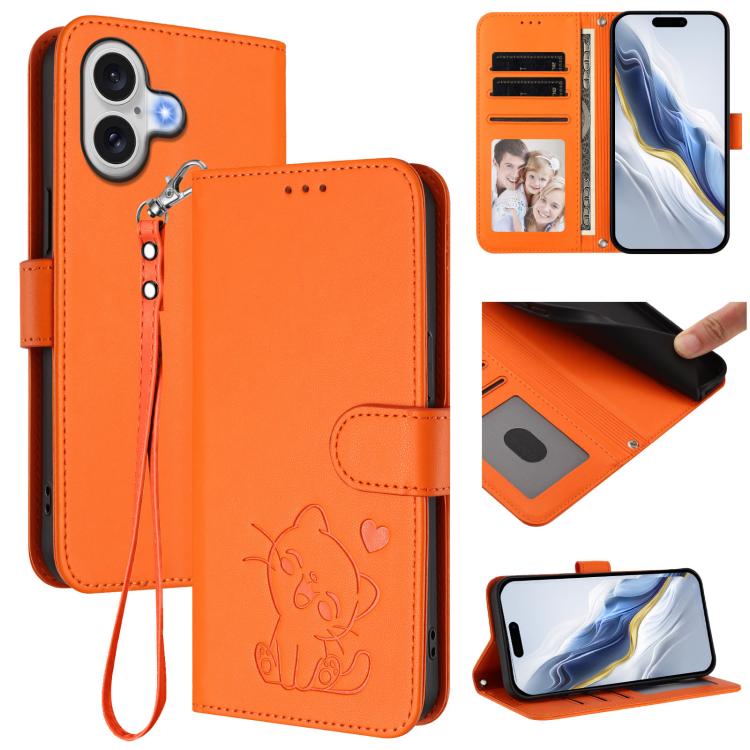 Embossed Heart Cat Leather Phone Case with Hand Strap, For iPhone 17 Pro, For iPhone 17