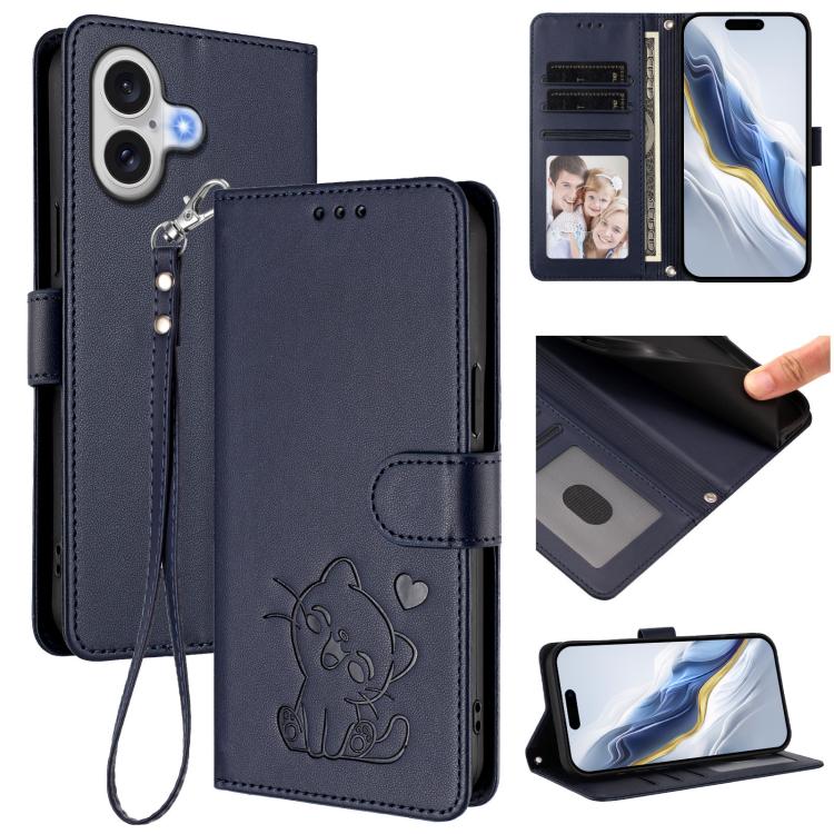 Embossed Heart Cat Leather Phone Case with Hand Strap, For iPhone 17 Pro, For iPhone 17