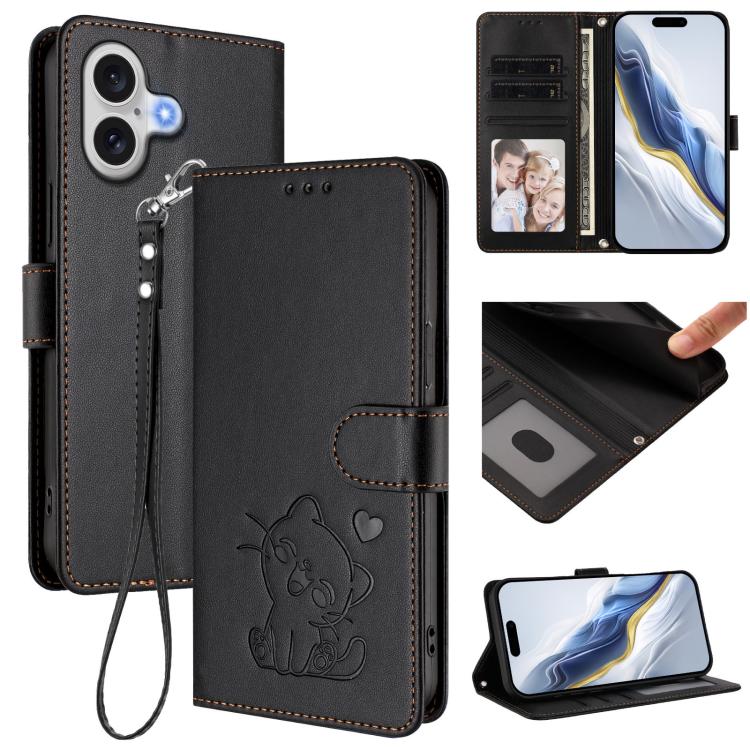 Embossed Heart Cat Leather Phone Case with Hand Strap, For iPhone 17 Pro, For iPhone 17