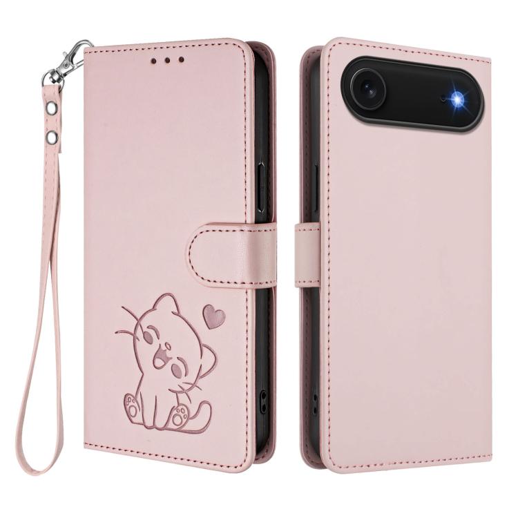 Embossed Heart Cat Leather Phone Case with Hand Strap, For iPhone Air, For iPhone 16 Pro Max