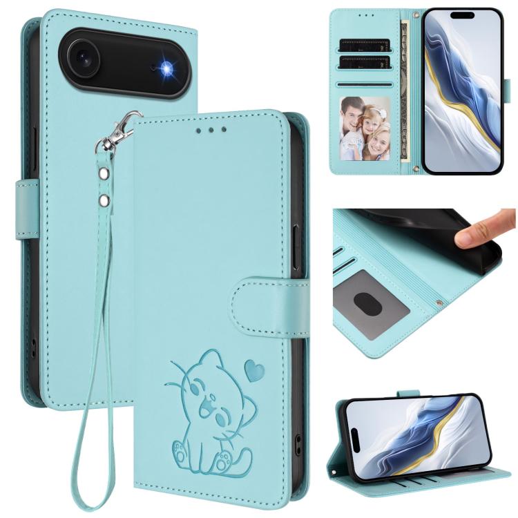Embossed Heart Cat Leather Phone Case with Hand Strap, For iPhone Air, For iPhone 16 Pro Max