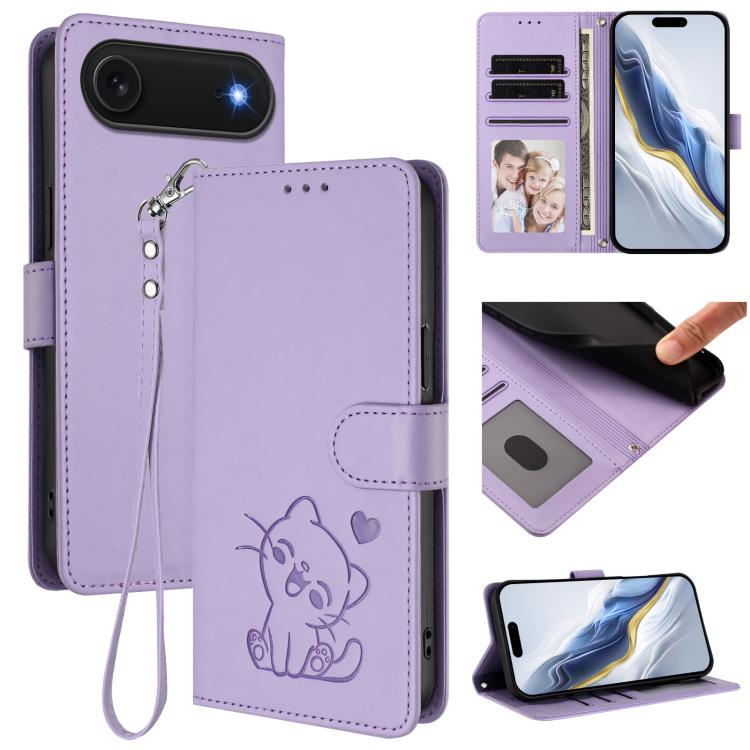Embossed Heart Cat Leather Phone Case with Hand Strap, For iPhone Air, For iPhone 16 Pro Max