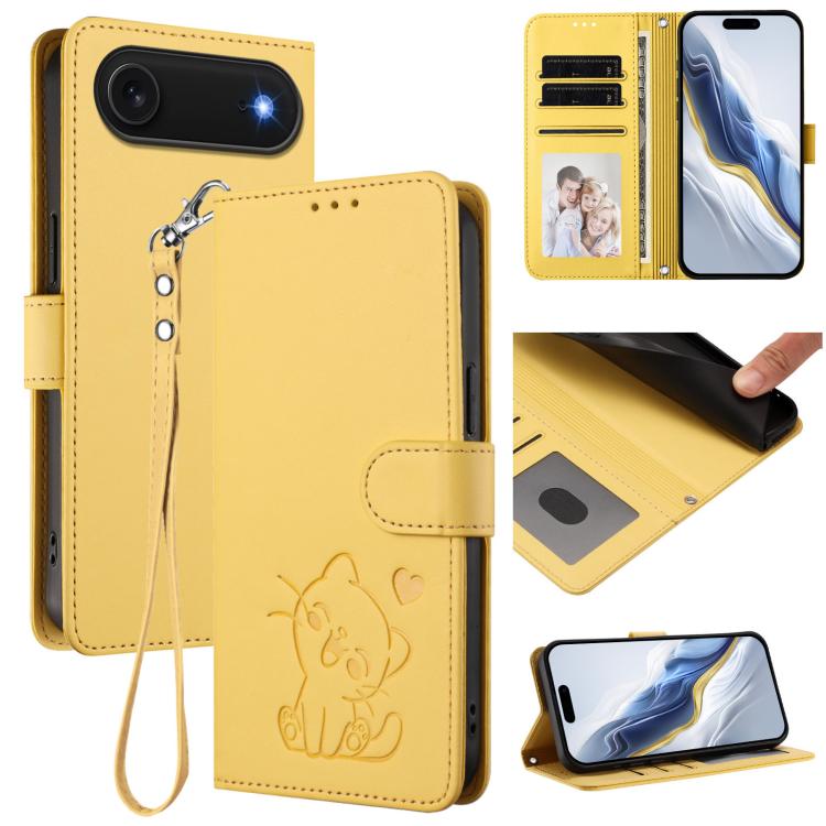 Embossed Heart Cat Leather Phone Case with Hand Strap, For iPhone Air, For iPhone 16 Pro Max