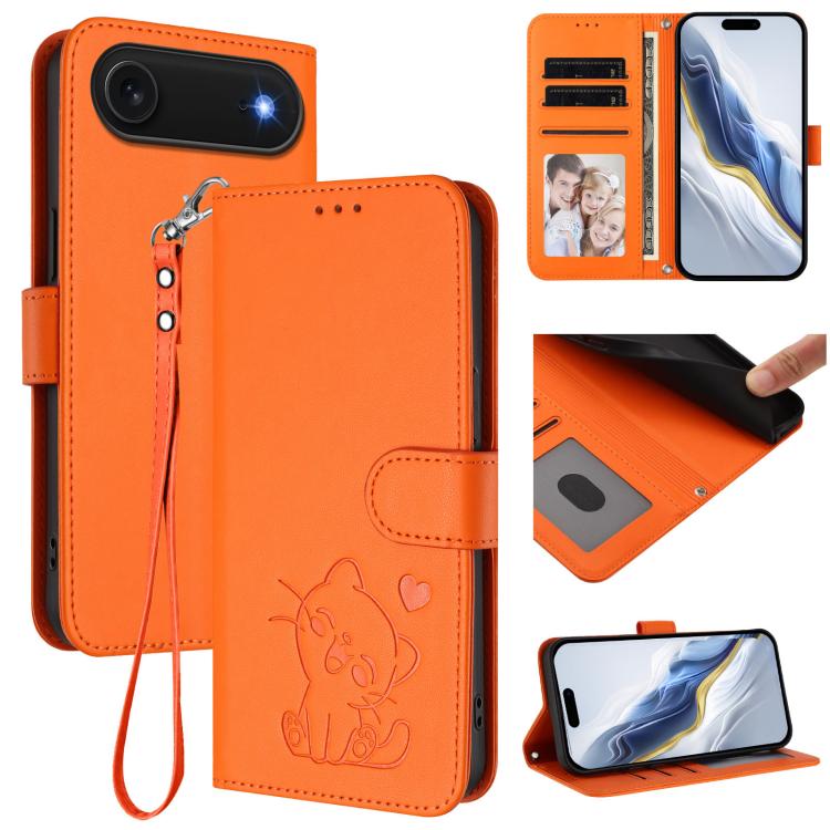 Embossed Heart Cat Leather Phone Case with Hand Strap, For iPhone Air, For iPhone 16 Pro Max