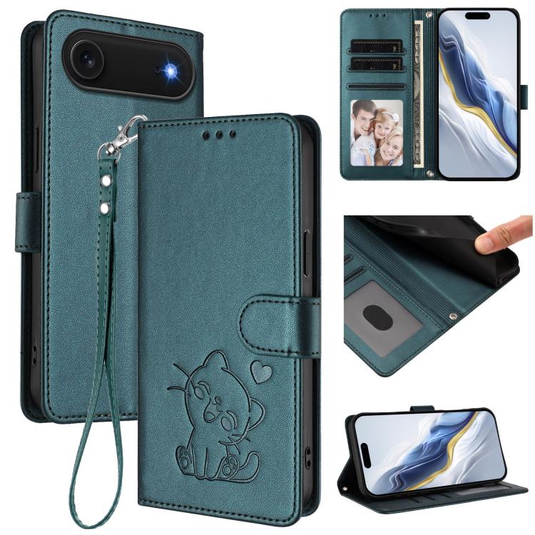 Embossed Heart Cat Leather Phone Case with Hand Strap, For iPhone Air, For iPhone 16 Pro Max