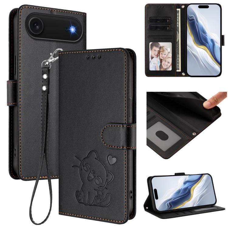 Embossed Heart Cat Leather Phone Case with Hand Strap, For iPhone Air, For iPhone 16 Pro Max