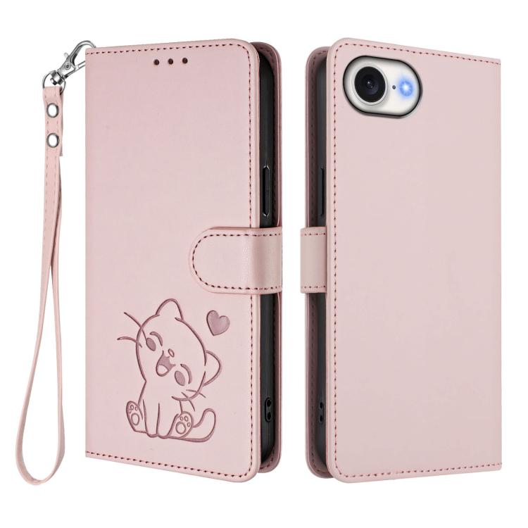Embossed Heart Cat Leather Phone Case with Hand Strap, For iPhone 17e / 16e, For iPhone 17 Pro Max