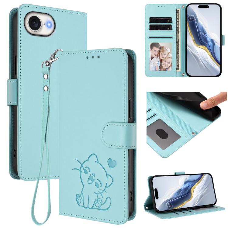 Embossed Heart Cat Leather Phone Case with Hand Strap, For iPhone 17e / 16e, For iPhone 17 Pro Max