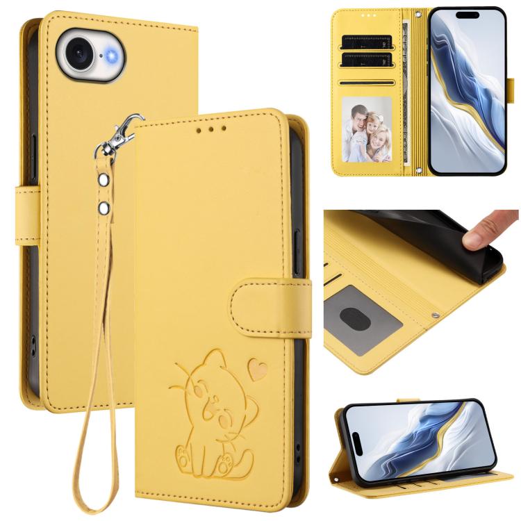 Embossed Heart Cat Leather Phone Case with Hand Strap, For iPhone 17e / 16e, For iPhone 17 Pro Max
