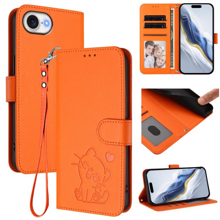 Embossed Heart Cat Leather Phone Case with Hand Strap, For iPhone 17e / 16e, For iPhone 17 Pro Max