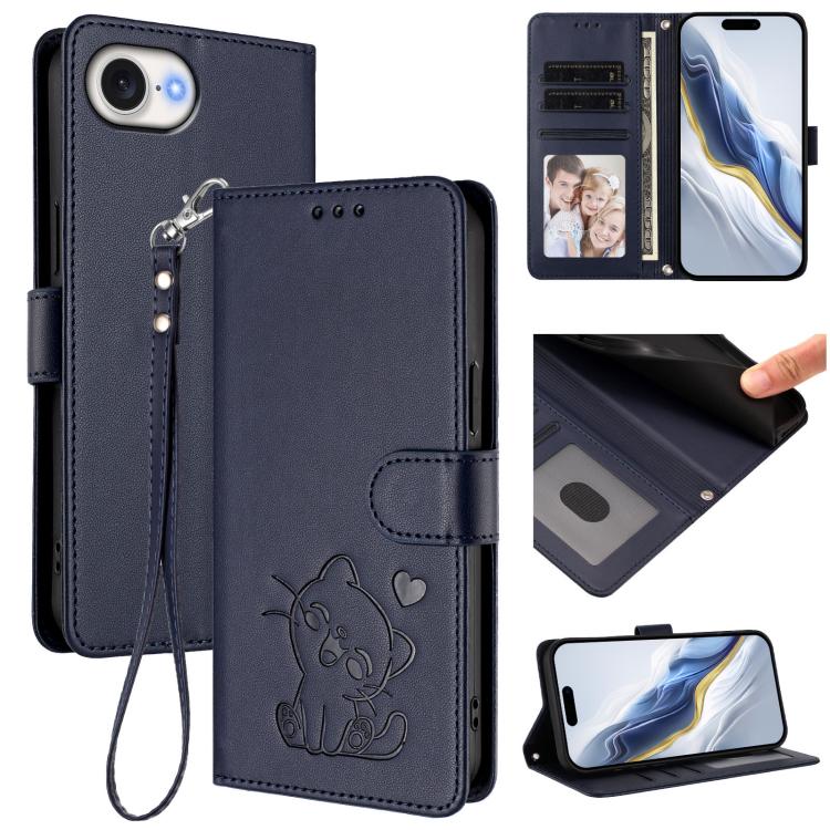 Embossed Heart Cat Leather Phone Case with Hand Strap, For iPhone 17e / 16e, For iPhone 17 Pro Max