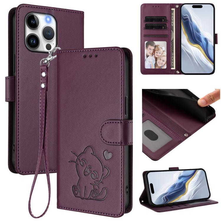 Embossed Heart Cat Leather Phone Case with Hand Strap, For iPhone 16 Pro, For iPhone 16 Plus