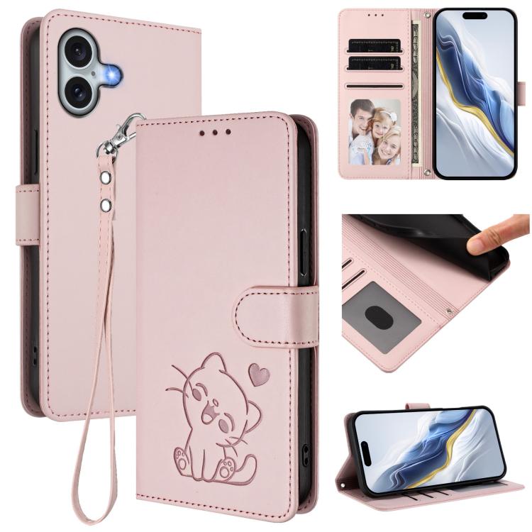 Embossed Heart Cat Leather Phone Case with Hand Strap, For iPhone 16 Pro, For iPhone 16 Plus