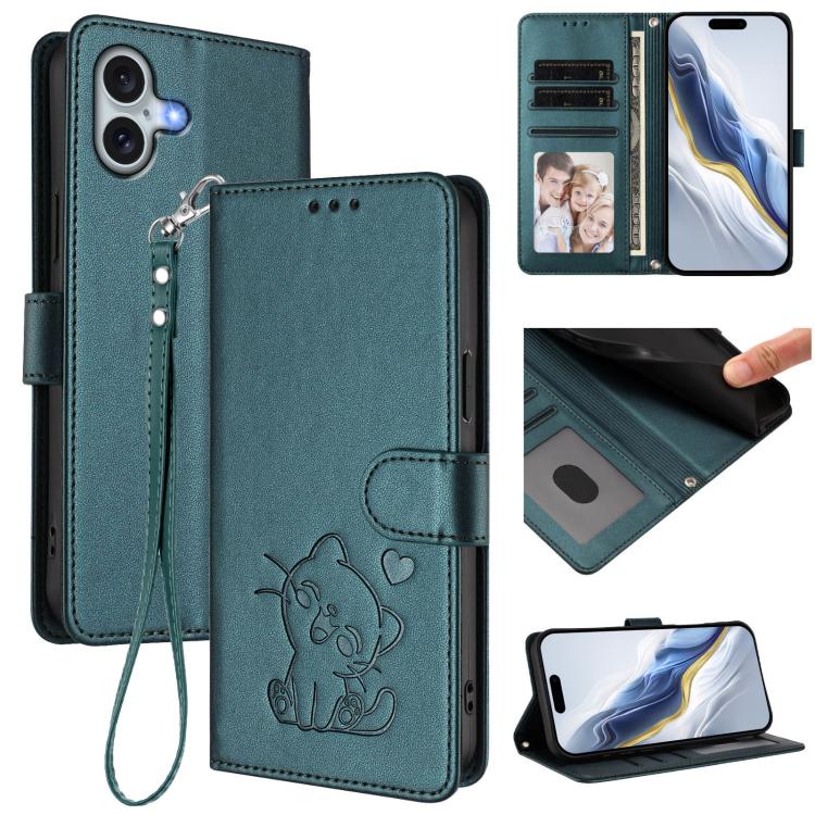 Embossed Heart Cat Leather Phone Case with Hand Strap, For iPhone 16 Pro, For iPhone 16 Plus