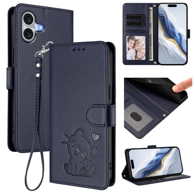 Embossed Heart Cat Leather Phone Case with Hand Strap, For iPhone 16, For iPhone 15 Pro Max