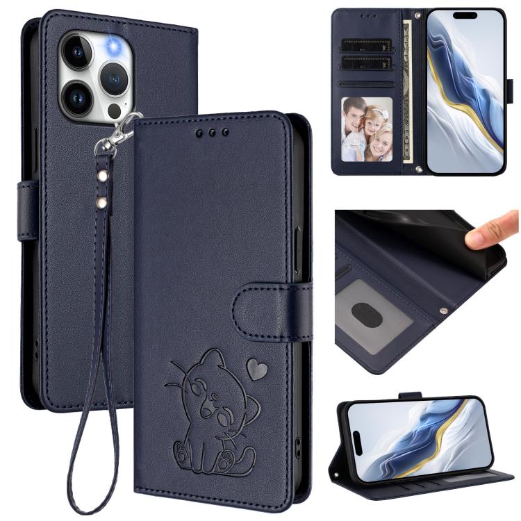Embossed Heart Cat Leather Phone Case with Hand Strap, For iPhone 16, For iPhone 15 Pro Max