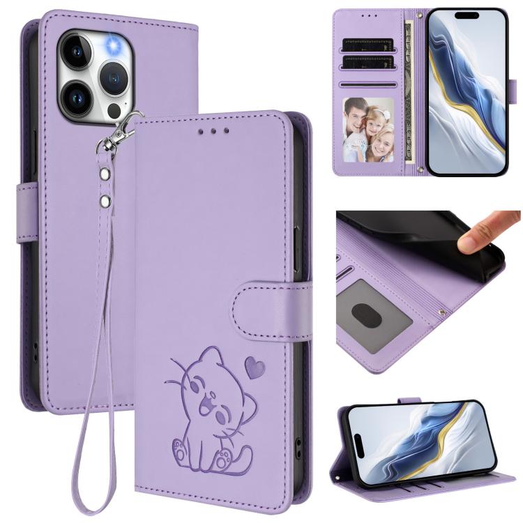 Embossed Heart Cat Leather Phone Case with Hand Strap, For iPhone 15 Pro, For iPhone 15 Plus