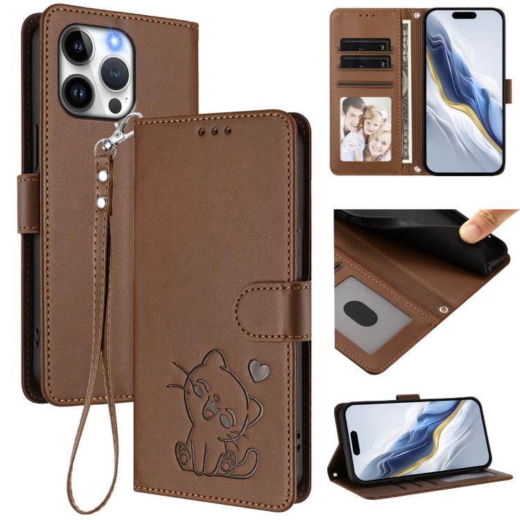 Embossed Heart Cat Leather Phone Case with Hand Strap, For iPhone 15 Pro, For iPhone 15 Plus