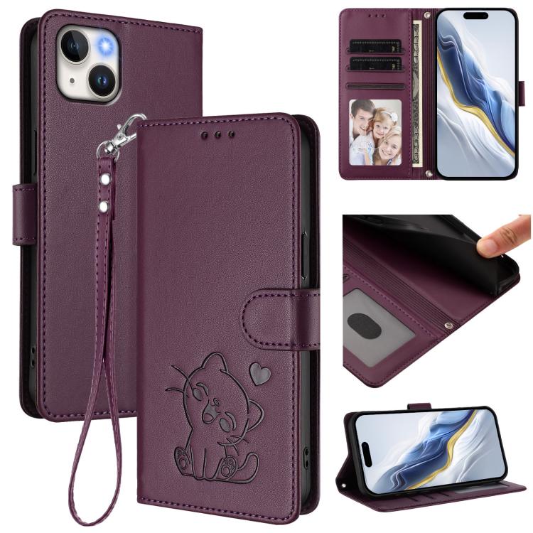 Embossed Heart Cat Leather Phone Case with Hand Strap, For iPhone 15 Pro, For iPhone 15 Plus