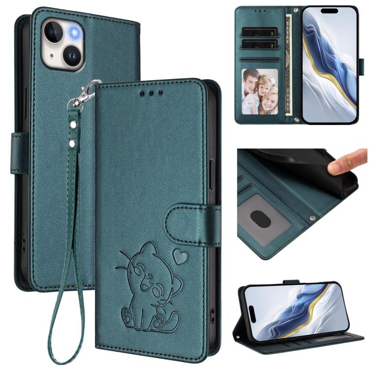 Embossed Heart Cat Leather Phone Case with Hand Strap, For iPhone 15 Pro, For iPhone 15 Plus