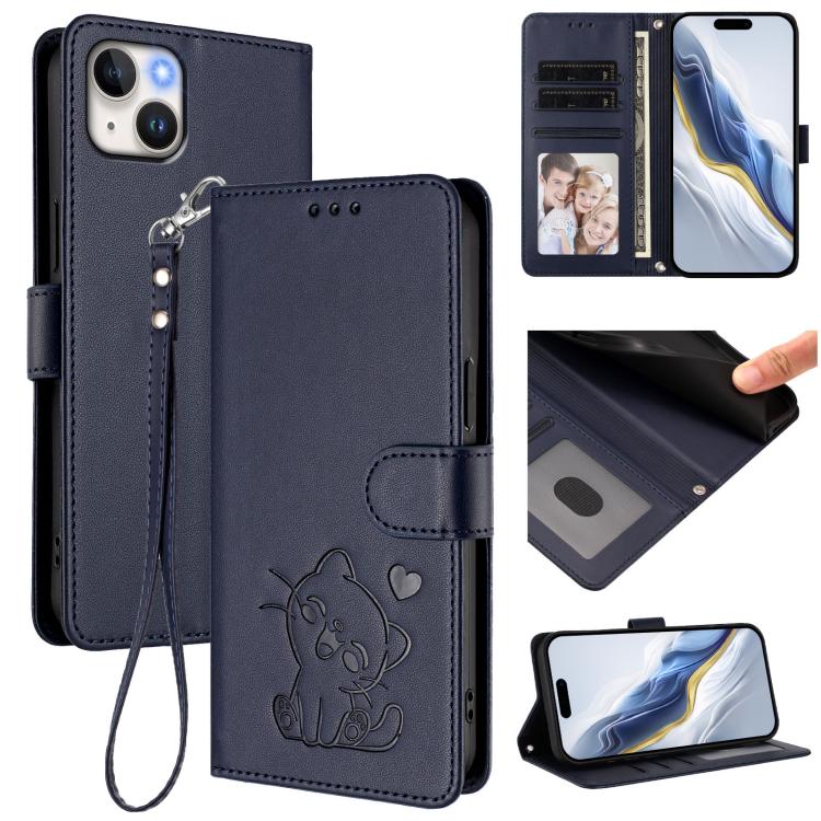 Embossed Heart Cat Leather Phone Case with Hand Strap, For iPhone 15 Pro, For iPhone 15 Plus