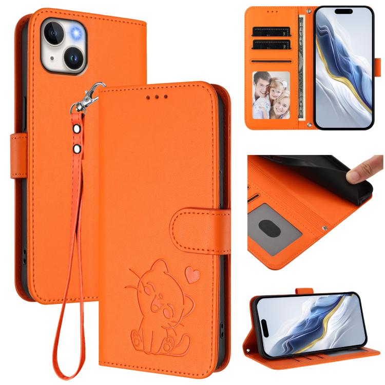 Embossed Heart Cat Leather Phone Case with Hand Strap, For iPhone 15, For iPhone 14 Plus