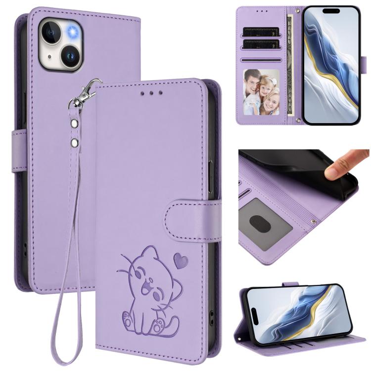 Embossed Heart Cat Leather Phone Case with Hand Strap, For iPhone 15, For iPhone 14 Plus
