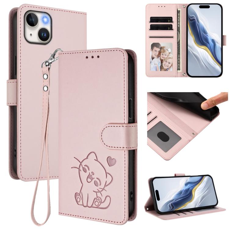 Embossed Heart Cat Leather Phone Case with Hand Strap, For iPhone 14 / 13, For iPhone 14 Pro