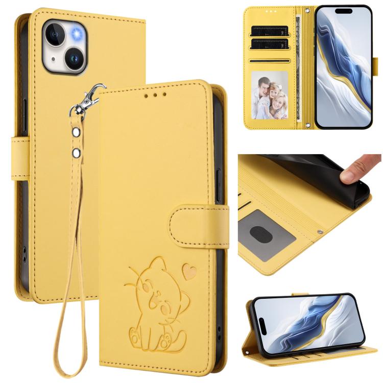 Embossed Heart Cat Leather Phone Case with Hand Strap, For iPhone 14 / 13, For iPhone 14 Pro