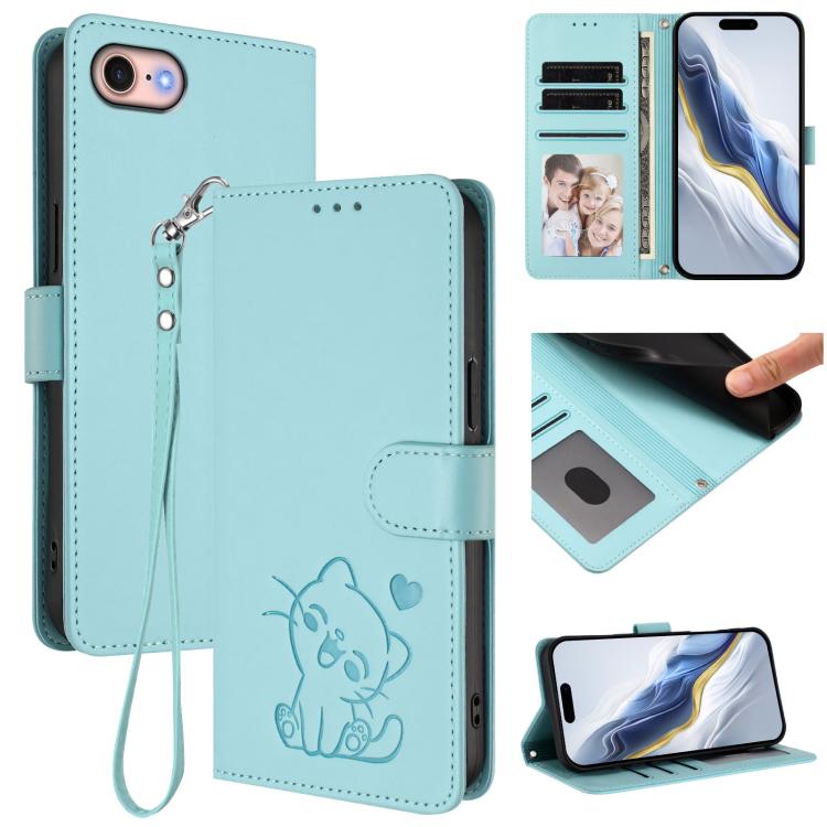 Embossed Heart Cat Leather Phone Case with Hand Strap, For iPhone 14 Pro Max, For iPhone 7 / 8 / SE 2022