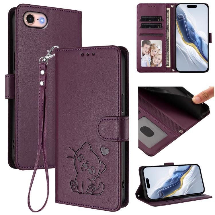 Embossed Heart Cat Leather Phone Case with Hand Strap, For iPhone 14 Pro Max, For iPhone 7 / 8 / SE 2022