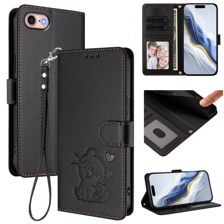 Embossed Heart Cat Leather Phone Case with Hand Strap, For iPhone 14 Pro Max, For iPhone 7 / 8 / SE 2022