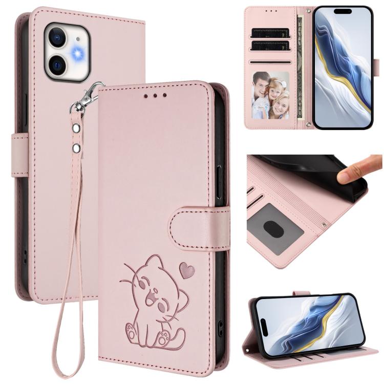 Embossed Heart Cat Leather Phone Case with Hand Strap, For iPhone 13 mini, For iPhone 12 / 12 Pro
