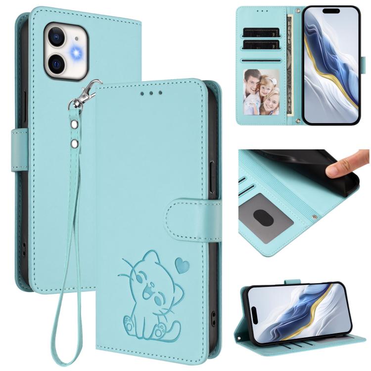 Embossed Heart Cat Leather Phone Case with Hand Strap, For iPhone 13 mini, For iPhone 12 / 12 Pro