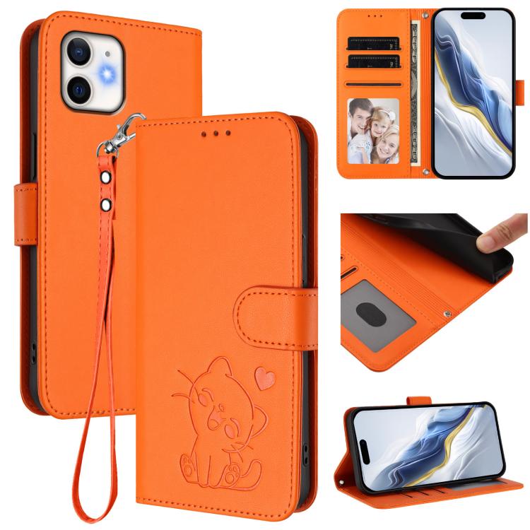 Embossed Heart Cat Leather Phone Case with Hand Strap, For iPhone 13 mini, For iPhone 12 / 12 Pro