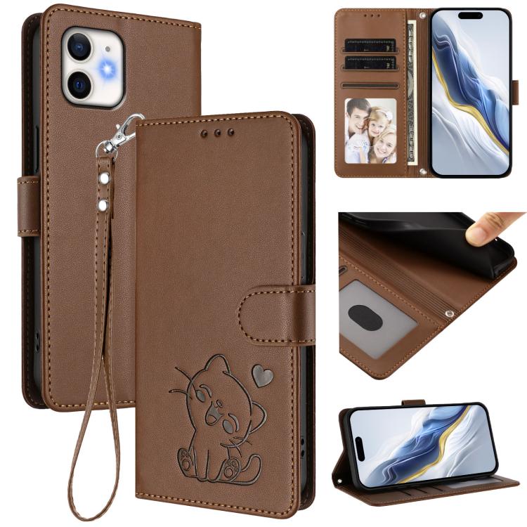 Embossed Heart Cat Leather Phone Case with Hand Strap, For iPhone 12 Pro Max, For iPhone 12 mini