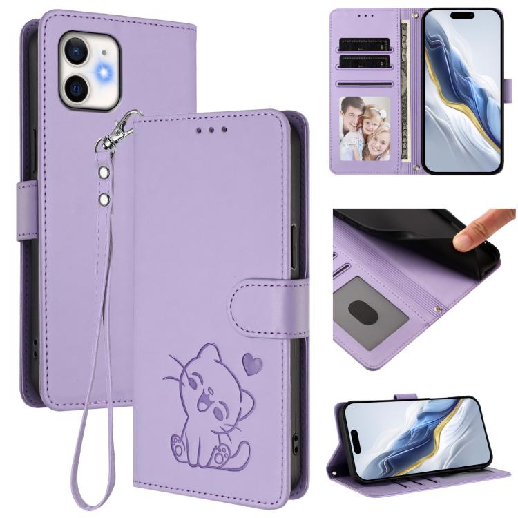Embossed Heart Cat Leather Phone Case with Hand Strap, For iPhone 11 Pro Max, For iPhone 11
