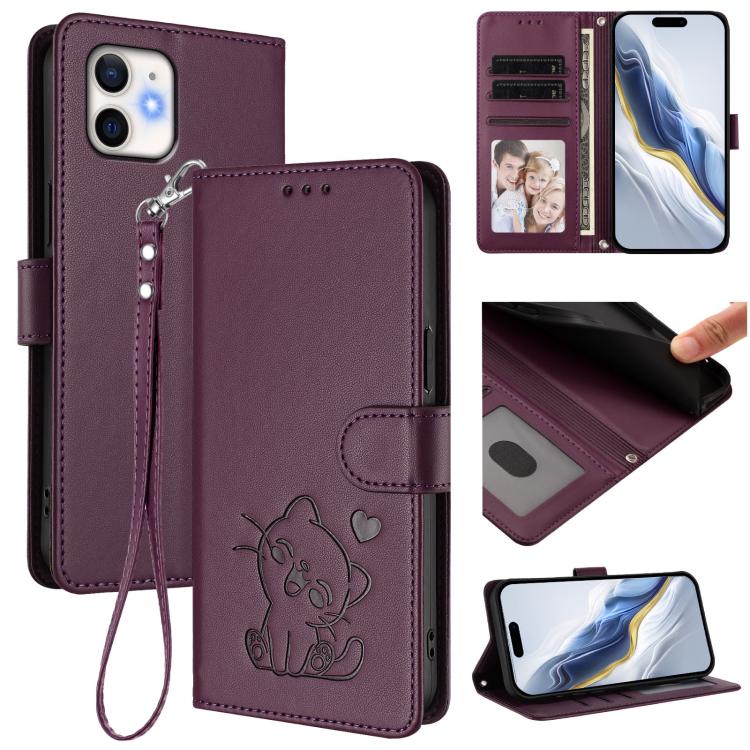 Embossed Heart Cat Leather Phone Case with Hand Strap, For iPhone 11 Pro Max, For iPhone 11