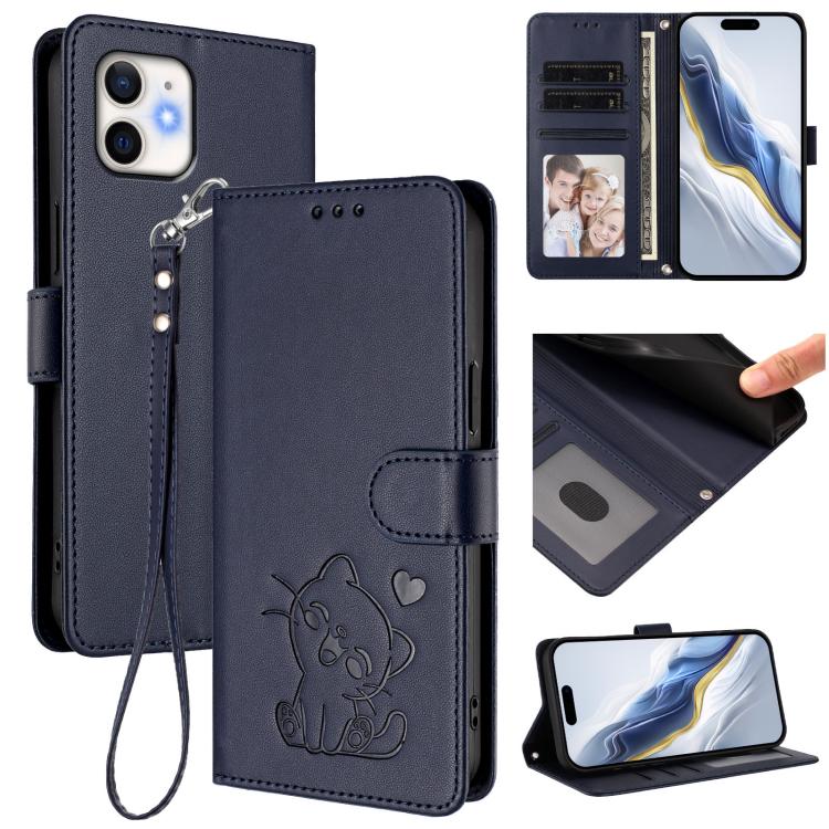 Embossed Heart Cat Leather Phone Case with Hand Strap, For iPhone 11 Pro Max, For iPhone 11
