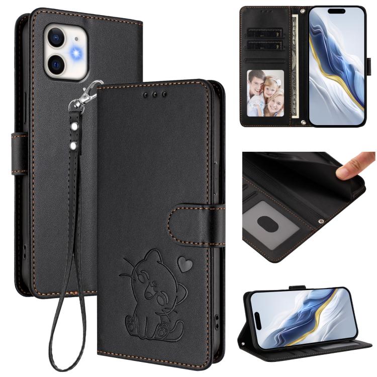 Embossed Heart Cat Leather Phone Case with Hand Strap, For iPhone 11 Pro Max, For iPhone 11