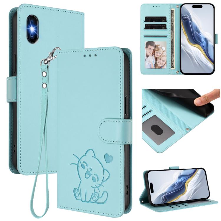 Embossed Heart Cat Leather Phone Case with Hand Strap, For iPhone 11 Pro, For iPhone X / XS