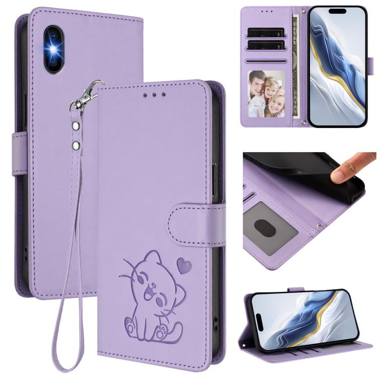 Embossed Heart Cat Leather Phone Case with Hand Strap, For iPhone 11 Pro, For iPhone X / XS