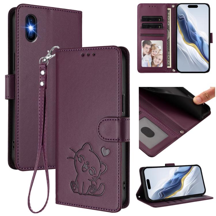 Embossed Heart Cat Leather Phone Case with Hand Strap, For iPhone 11 Pro, For iPhone X / XS