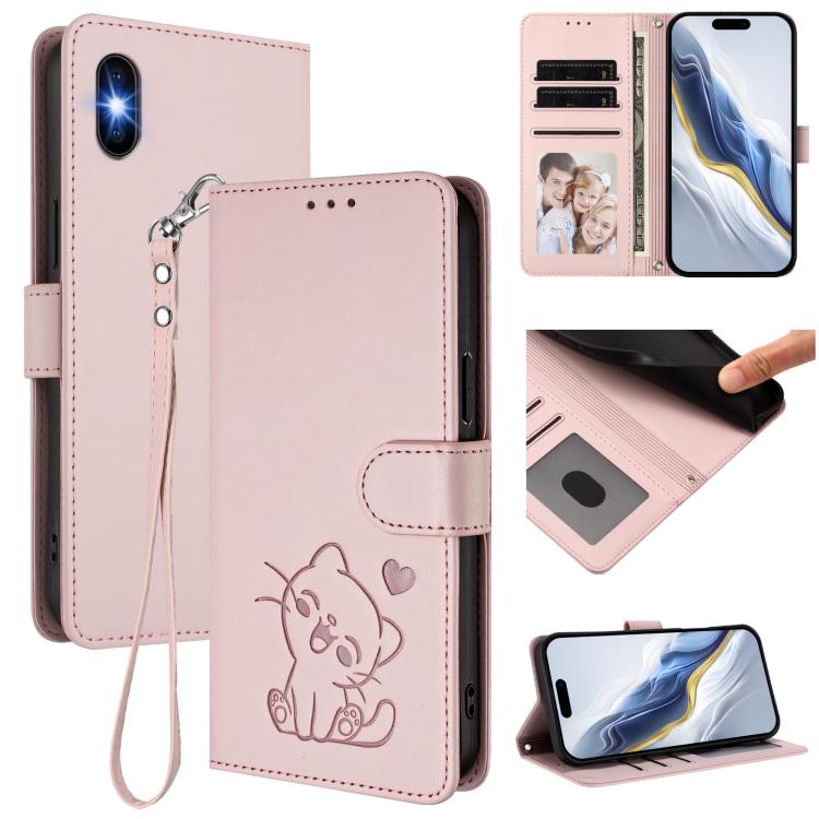 Embossed Heart Cat Leather Phone Case with Hand Strap, For iPhone XR, For iPhone XS Max