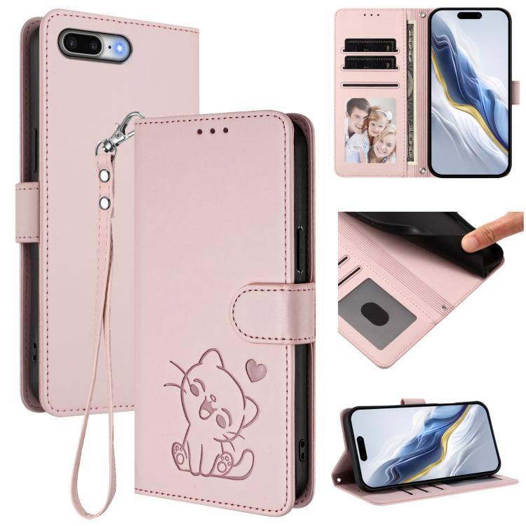 Embossed Heart Cat Leather Phone Case with Hand Strap, For iPhone 7 Plus / 8 Plus