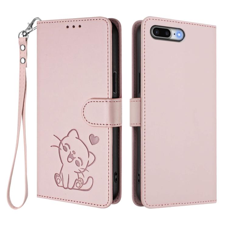 Embossed Heart Cat Leather Phone Case with Hand Strap, For iPhone 7 Plus / 8 Plus
