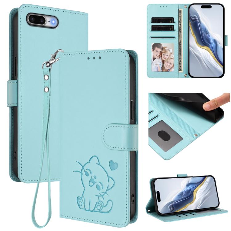 Embossed Heart Cat Leather Phone Case with Hand Strap, For iPhone 7 Plus / 8 Plus